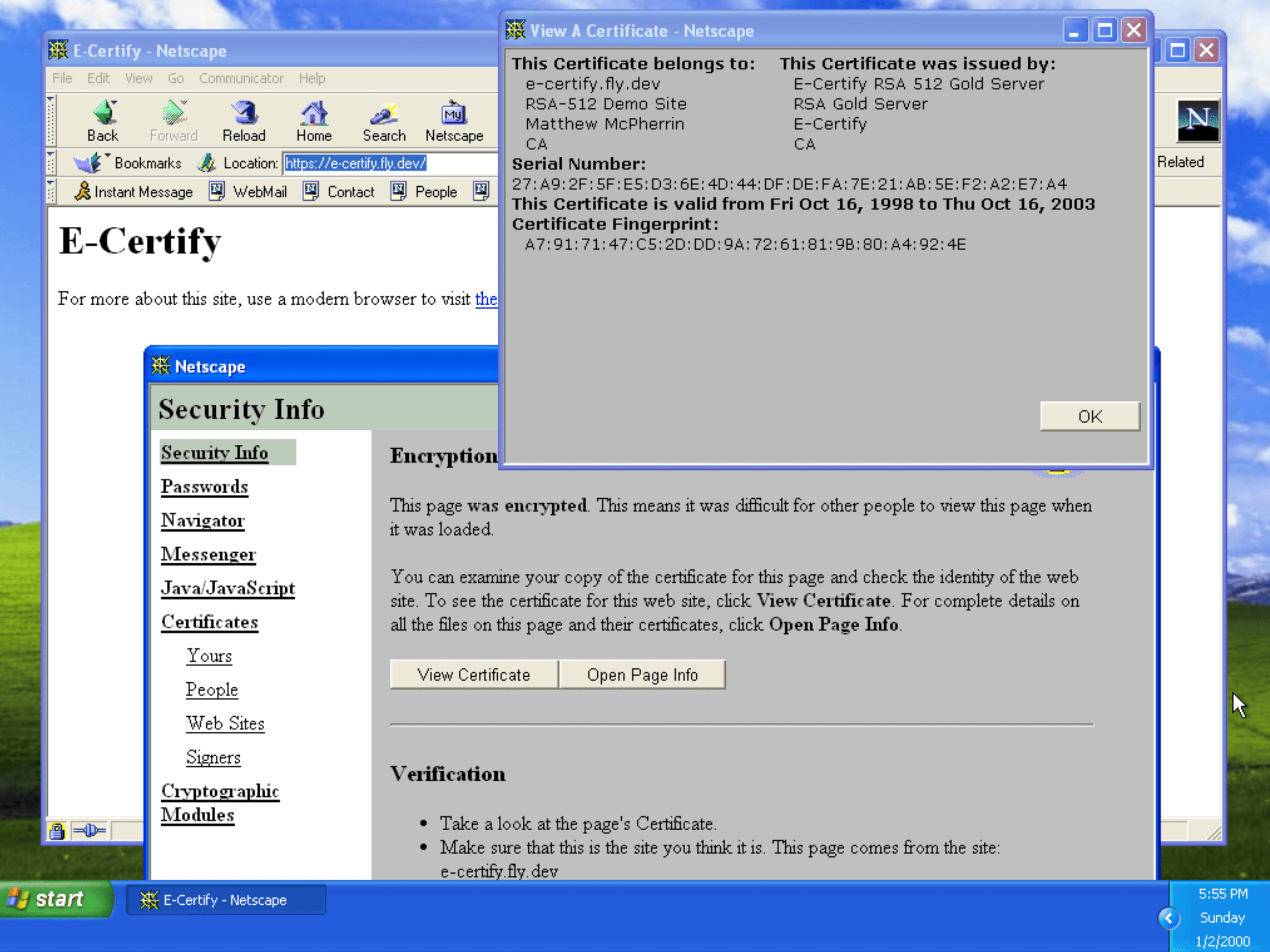 Netscape 4.51 certificate viewer showing a certificate for e-certify.fly.dev issued by E-Certify RSA 512 Gold Server