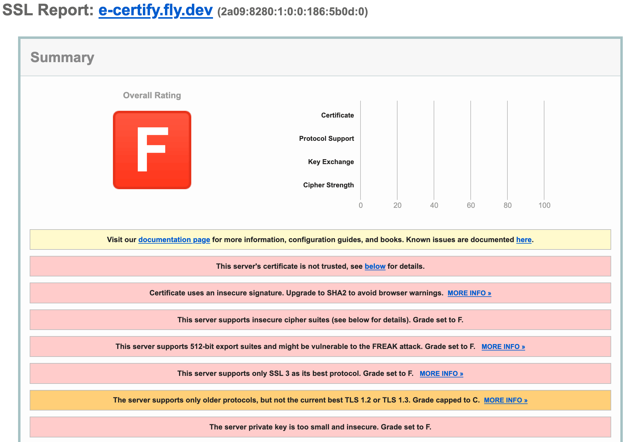 SSL Labs report giving e-certify.fly.dev an F rating, with many issues